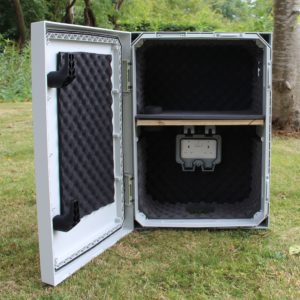 Sound reducing cabinet with door open