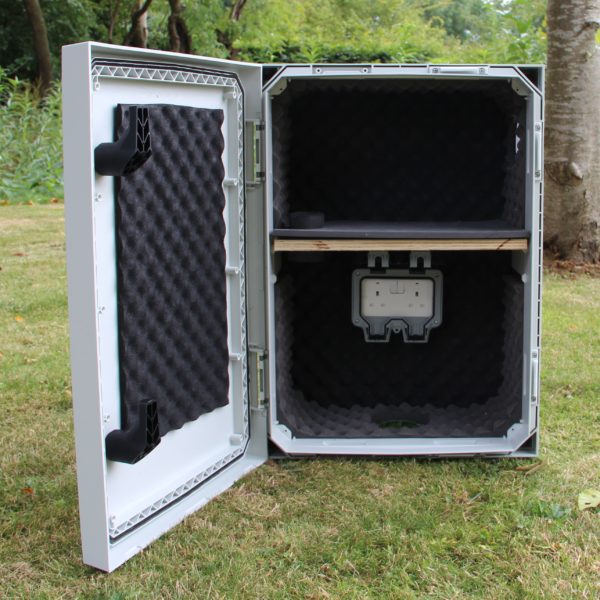 Sound reducing cabinet with door open